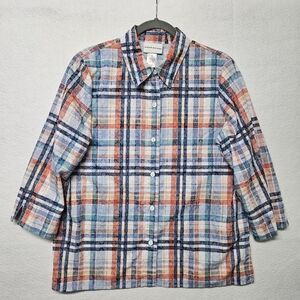 Alfred Dunner Button Up 3/4 Sleeve Shirt Tunic Blouse Plaid Subtle Flowers Small
